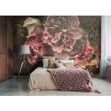 Een luxe fotobehang met grote pioenrozen in een vintage stijl, ideaal voor een slaapkamer.