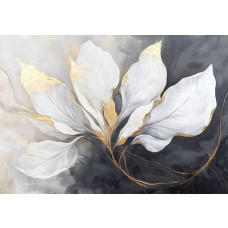 Fotobehang met luxe witte bloemen en gouden accenten op een donkere achtergrond.