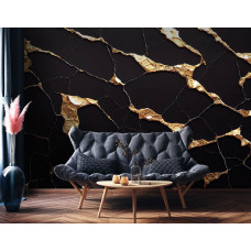 Een luxe fotobehang met zwart en goud marmer, speciaal voor een huiskamer.