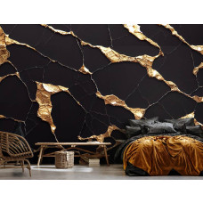 Een luxe fotobehang met zwart en goud marmer, perfect voor een slaapkamer.