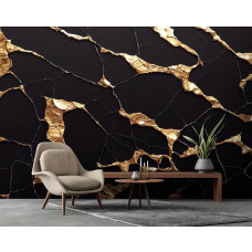 Een luxe fotobehang met zwart en goud marmer, ideaal voor een woonkamer.