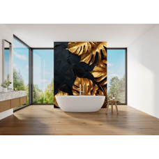 Fotobehang met chique gouden bladmotief op donkere textuur in de badkamer.