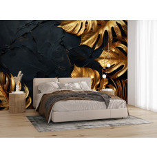 Fotobehang met stijlvolle gouden bladeren en diepe textuur in de slaapkamer.