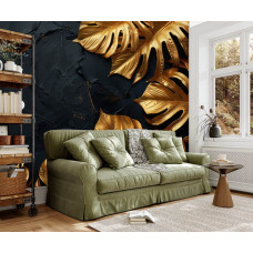 Fotobehang met botanische gouden bladeren op donkere structuur toegepast in de huiskamer.