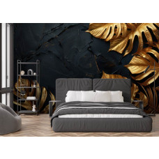 Fotobehang met luxueuze gouden bladeren op donkere textuur in de slaapkamer.