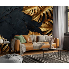 Fotobehang met luxueuze gouden bladeren op donkere textuur in de woonkamer.