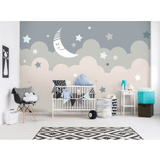 Een fotobehang met een maan en sterren in een magisch ontwerp, passend in een babykamer.