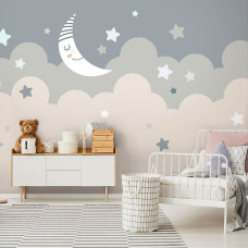 Een fotobehang met een maan en sterren in een betoverend ontwerp, geschikt voor een babykamer.