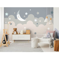 Een fotobehang met een maan en sterren in een rustgevend ontwerp, perfect voor een kinderkamer.