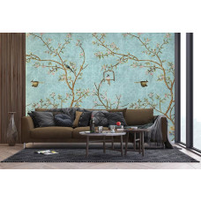 Een fotobehang van een magische tuin met vogels en bloemen in een woonkamer met vliesbehang.