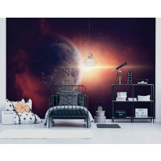 Een fotobehang met de planeet Aarde in een magisch ruimteontwerp, speciaal voor een kinderkamer.