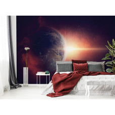 Een fotobehang met een magisch uitzicht op de Aarde in een sterrenhemel, perfect voor een slaapkamer.