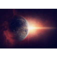 Magische planeet aarde met sterren en kosmische elementen op dit fotobehang, met een mystieke ruimte-uitstraling.