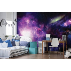Een fotobehang met een kosmische sfeer vol sterren en galaxy-elementen, speciaal voor een gamekamer.
