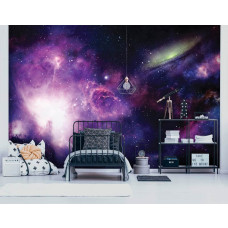 Een fotobehang met een kleurrijk galactisch ontwerp, geschikt voor een kinderkamer.
