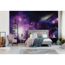 Een fotobehang met een magische galaxy vol sterren in een kosmisch ontwerp, perfect voor een slaapkamer.