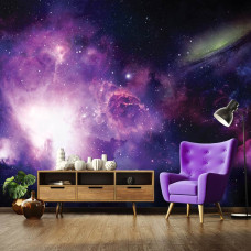 Een fotobehang met een galactisch universum vol magische sterren, ideaal voor een woonkamer.