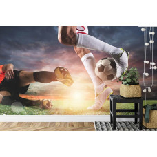 Een fotobehang met een magische schijnbeweging tijdens een voetbalactie in een kinderkamer.