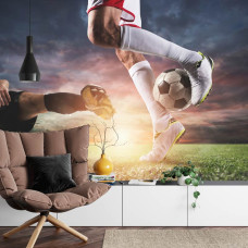 Een fotobehang met een magische schijnbeweging tijdens een voetbalactie in een woonkamer.