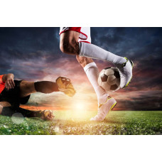 Fotobehang van een schijnbeweging tijdens een voetbalactie, waarbij de speler behendig de tegenstander ontwijkt met magische precisie.