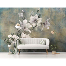 Een vintage fotobehang met een schilderij van een magnolia bloem in een elegante stijl voor de huiskamer.
