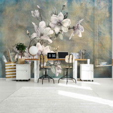 Een fotobehang met een klassieke magnolia bloem in vintage stijl, ideaal voor een kantoor.