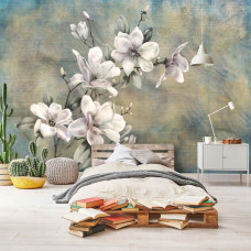 Een retro fotobehang met magnolia bloemen in zachte tinten, perfect voor een slaapkamer.