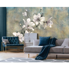 Een elegant fotobehang met magnolia bloemen in een vintage ontwerp, geschikt voor een woonkamer.