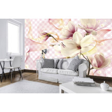 Een fotobehang met luxe roze magnoliabloemen op vliesbehang, perfect voor een elegante slaapkamer.