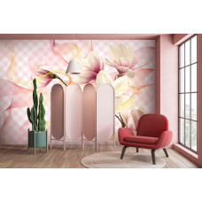 Een fotobehang van roze magnolia’s in een luxueuze stijl, ideaal voor een huiskamer.