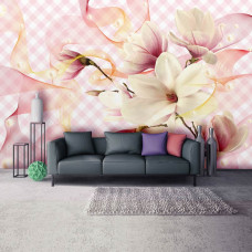 Een fotobehang van roze magnolia’s in een luxe ontwerp, geschikt voor een stijlvolle woonkamer.