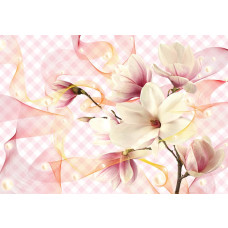 Magnolia bloemen op luxe vlies, weergegeven op een roze achtergrond in een elegant fotobehang.