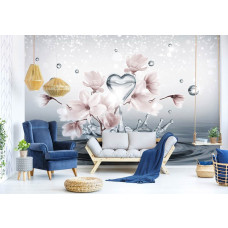 Een fotobehang met abstracte magnolia bloemen in een kunstzinnige waterverfspettersstijl.