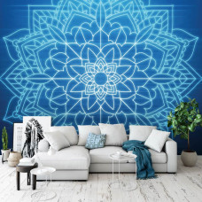 Een blauw symmetrisch mandala-fotobehang voor huiskamer en woonkamer.