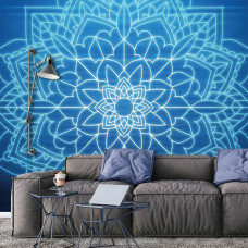 Een fotobehang met mandala in blauw patroon en symmetrie voor slaapkamer en woonkamer.