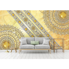 Een fotobehang met een halve gouden mandala in Indiaas design, dat een serene sfeer brengt in een huiskamer.