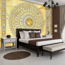 Een fotobehang met een artistieke gouden mandala met abstracte en culturele invloeden.