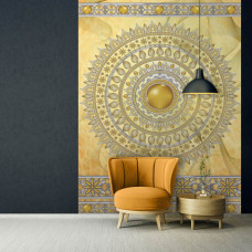 Een fotobehang van een elegante gouden mandala met kunstzinnige details, geschikt voor een woonkamer.