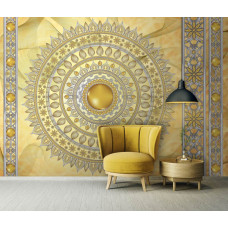 Een fotobehang van een gedetailleerde gouden mandala in Indiase stijl, perfect voor een huiskamer.