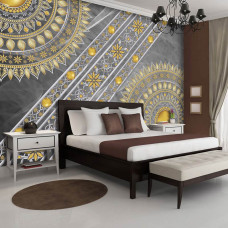Een fotobehang met een verfijnde gouden mandala op grijs, dat een rustige sfeer brengt.