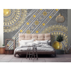 Een fotobehang van een artistieke gouden mandala op een grijze achtergrond, passend bij een serene slaapkamer.