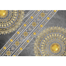Fotobehang van een grijze mandala met gouden details, ideaal voor een elegante en rustgevende ruimte.