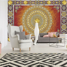Een fotobehang van een gouden mandala in abstracte stijl voor de woonkamer.