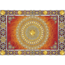 Fotobehang van een gouden mandala met een Tibetaans patroon, symbolen van boeddhistische kunst.