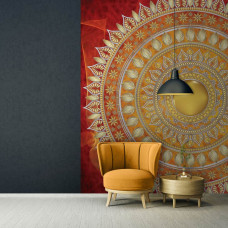 Een fotobehang met een rood mandala-patroon in een traditionele Indiase stijl voor de huiskamer.
