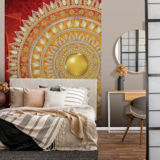 Een fotobehang met een rood mandala-patroon in Indiase stijl, geschikt voor de slaapkamer.