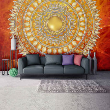 Een fotobehang met een rood mandala-patroon in Indiase stijl, ideaal voor de woonkamer.