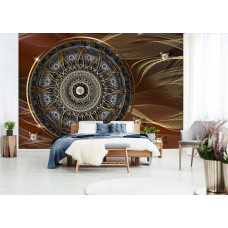 Een fotobehang met een abstracte mandala in Indiase stijl, dat een serene sfeer toevoegt aan een slaapkamer.