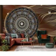 Een fotobehang van een artistieke mandala in Indiase patronen, perfect voor een woonkamer.