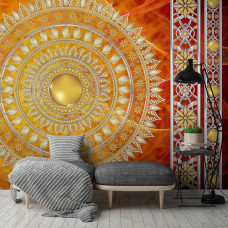Een fotobehang van een rode mandala in een abstract Indiaas design, perfect voor een woonkamer.